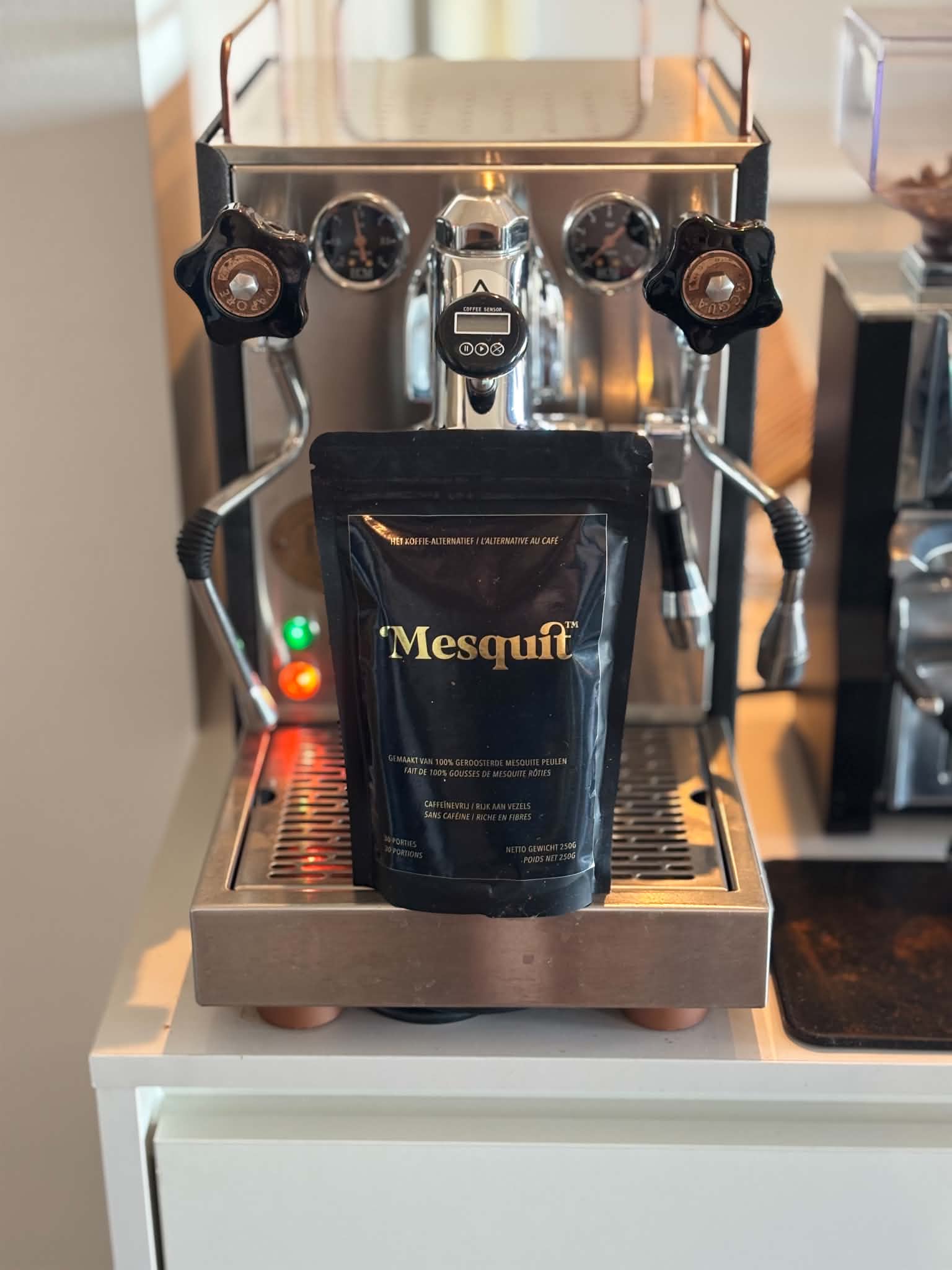 Mesquit bag in front of an espresso machine